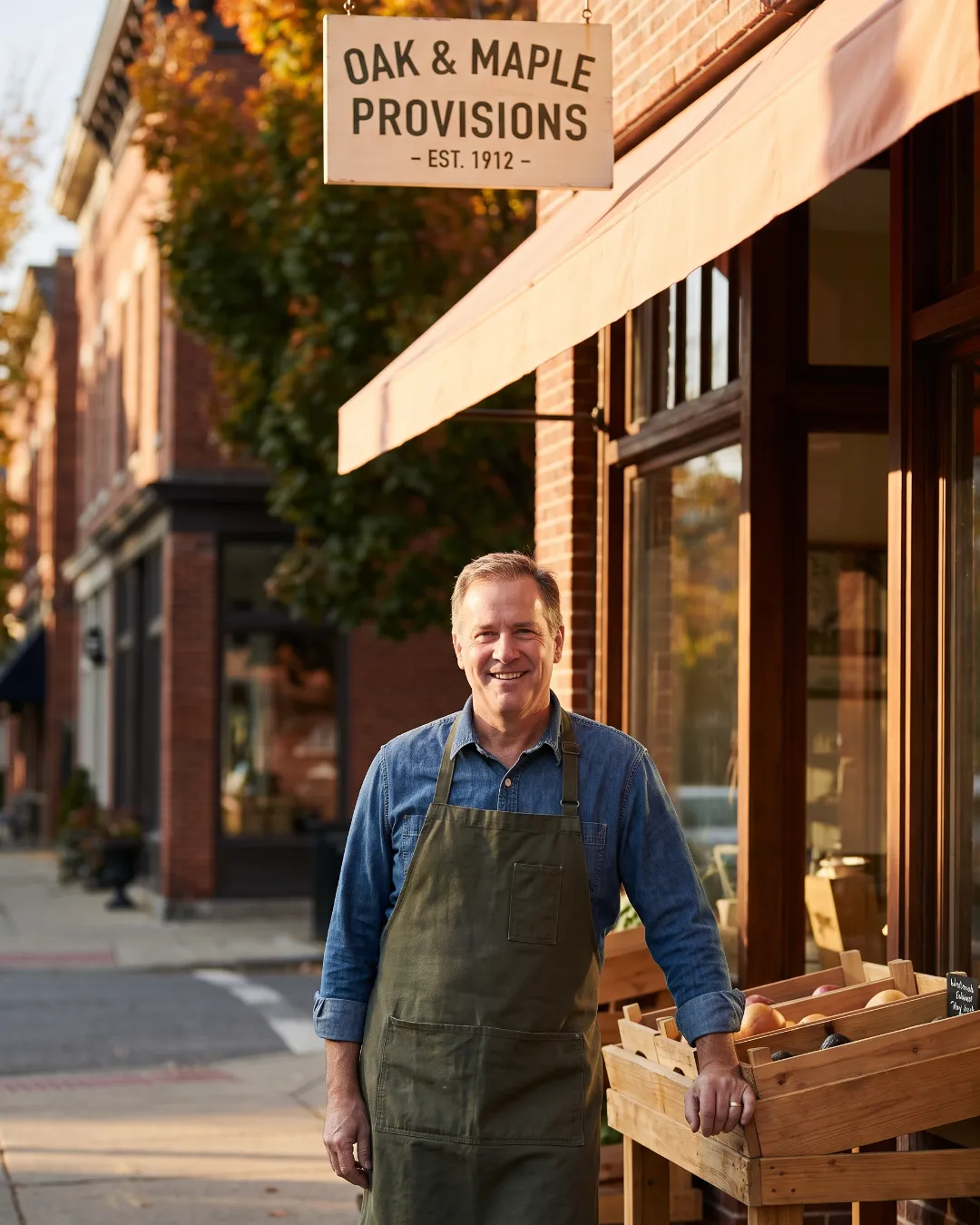 A shop owner standing outside his storefront with produce crates